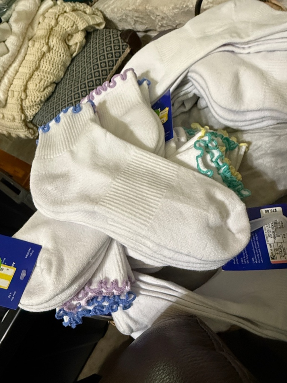 JoyLab White Ankle Socks with Blue and Light Blue Ruffled Trim - 2 Pack